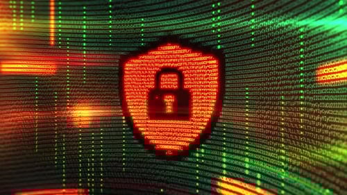 Padlock Icon Glowing Inside Shield on Computer Screen with Green Binary Code