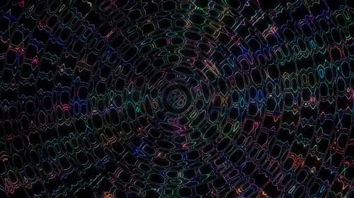 3D Animated digital abstract. Colorful curved and circular lines on black background, seamless loop