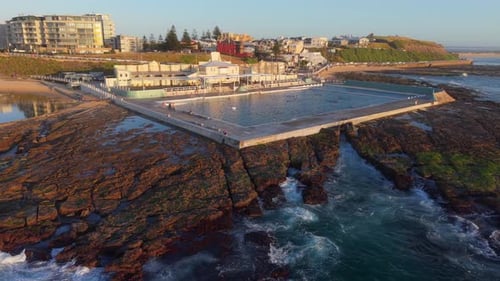 Drone Orbit of Newcastle Ocean Baths and Rocky Shoreline