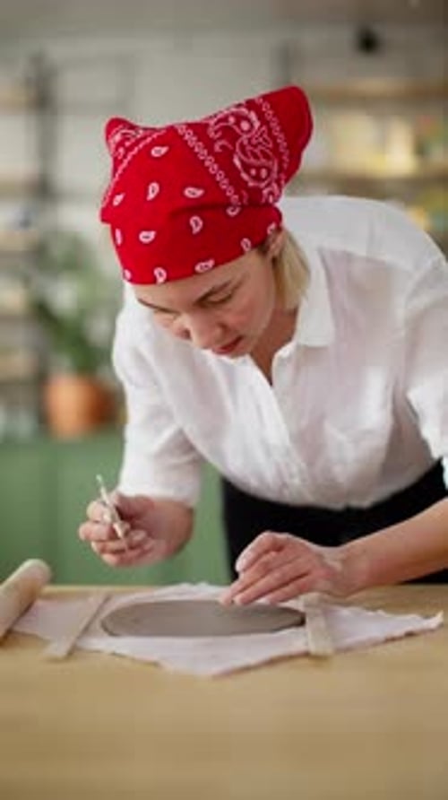 Artisan with Focus and Detail Using Sculpting Tools to Shape Clay on Pottery Workbench in Studio