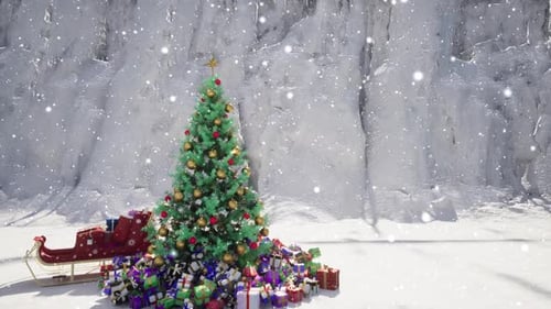 Christmas Tree Decoration with Gifts and Falling Snow