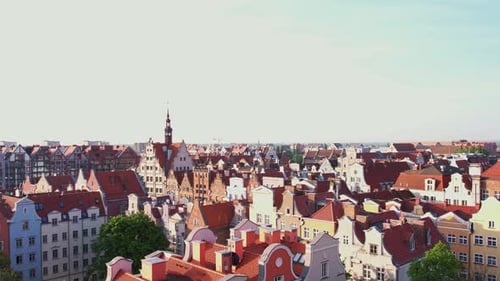 Beautiful Panoramic Architecture of Old Town in Gdansk Poland at Sunrise Aerial View Drone Pov
