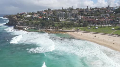 Waves Splashing On Outcrops At Bronte Beach Near Bronte Baths. Seaside Destination In Bronte Park, A