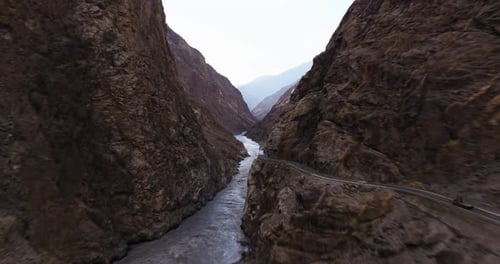 Amazing Hyperlapse Above Skardu Road, Pakistan. Indus River, Himalayan Mountains. Northern Pakistan