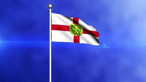 Realistic Waving Alderney Flag Animation with Blue Backdrop