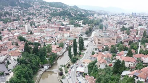 Aerial video of the capital city of Sarajevo of Bosnia and Herzegovina