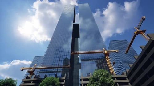 Edificio de gran altura con una grúa amarilla
