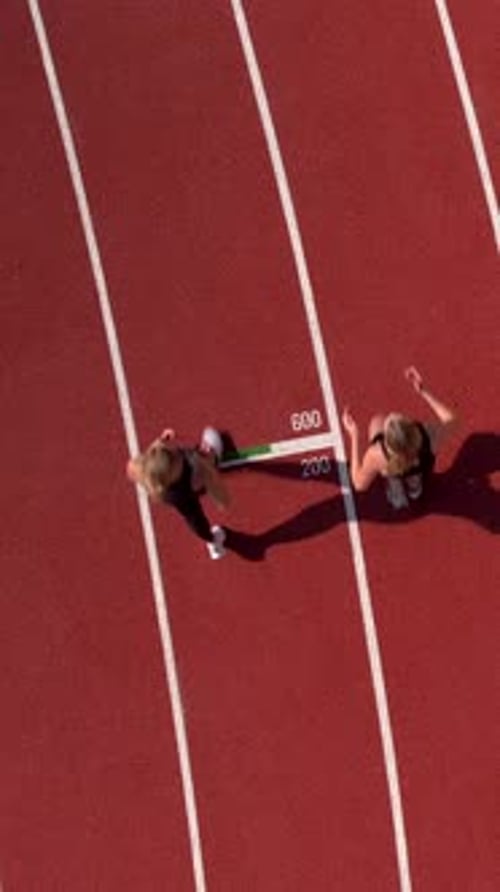 Top View Of Two Women Running On Outdoor Stadium Track