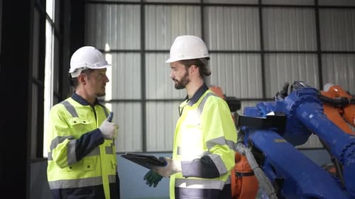 Engineer work at robotic arm factory.