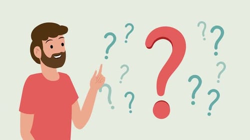 Confused man looking at floating question marks animation.