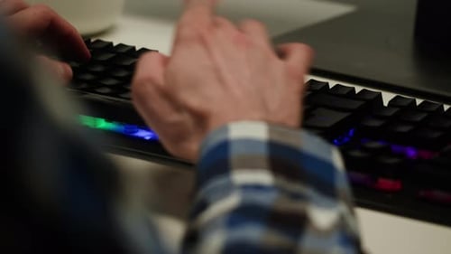 Man Using Computer in Office Businessman Texting on Keyboard Copywriter Professional Programmer