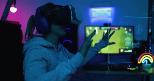 Girl Gamer Playing at 3d Game Online Using Virtual Reality Headset 3d