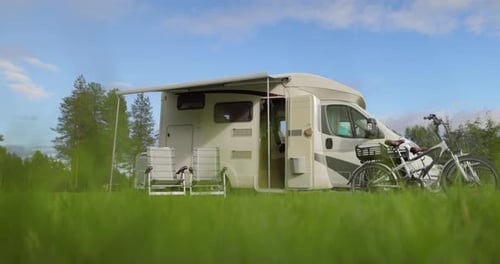 Family vacation travel RV, holiday trip in motorhome, Caravan car Vacation.