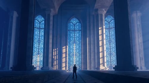 Businessman Looking at Stained Glass Window in Majestic Hall