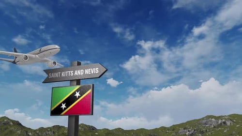Saint Kitts And Nevis Flag With Airplane And Arrow Sign