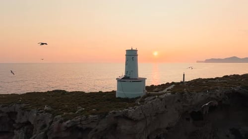White Lighthouse on a Rocky Cliff at Sunset Seagulls Flying Around View of the Sea and Horizon