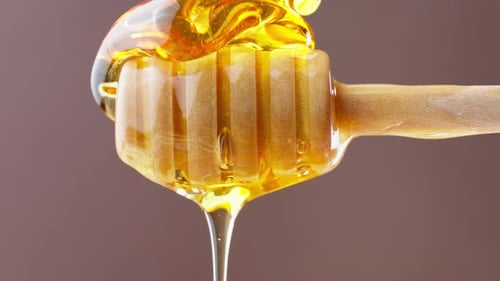 Golden Honey Dripping from a Wooden Honey Dipper