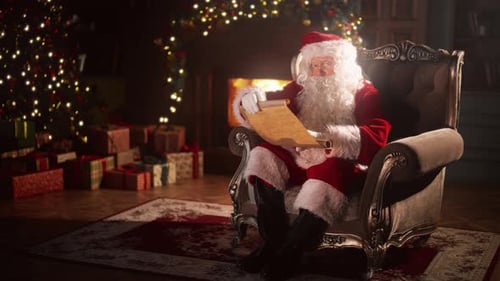 Santa Claus Reads Scroll in Cozy Home