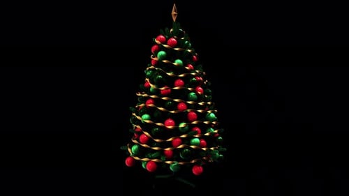 Animated Christmas Tree with Ornaments and Golden Ribbons