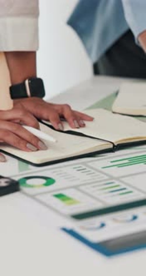 Data analysis, writing and hands of people in office, track sales profit and performance statistics