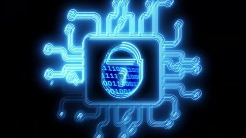 Glowing Circuit Board with Digital Padlock Cyber Security Animation