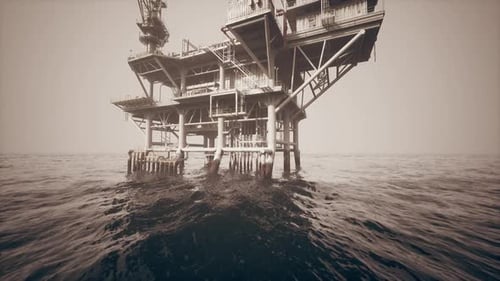 Old Oil Platform Standing in the Ocean Under a Cloudy Sky at Dusk