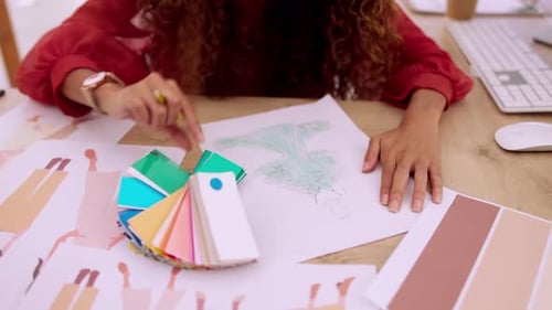 Designer, fashion and colour choice for sketch, pattern or texture of product in workshop