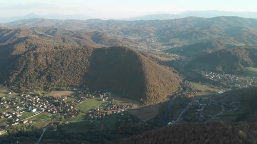 Overview of the temple of Mother Earth in the bosnian tale of the pyramids at a hazy day. Aerial wid