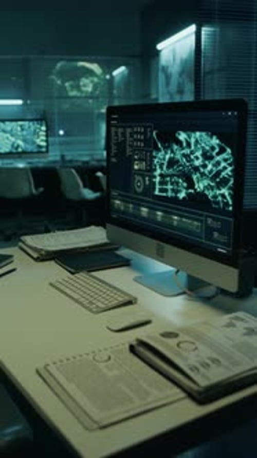 Workplace of Military Satellite Surveillance Analysts at Command Center