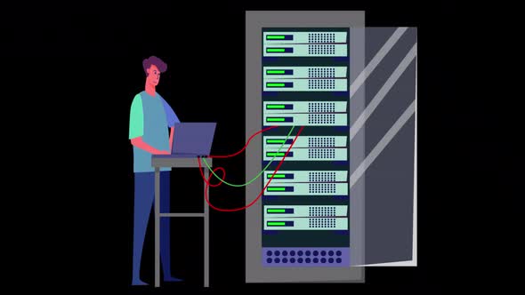 2D Engineer Working On Computer Server Rack Switchboard Alpha Channel ...