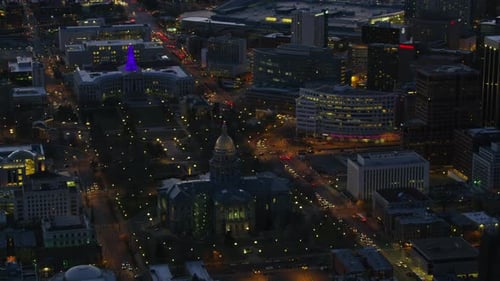 Denver Capitol and City Hall Aerial Night View