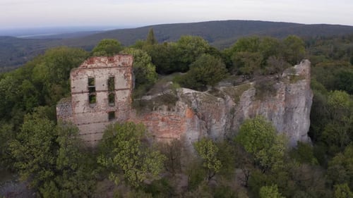 Aerial Drone Footage of the Old Pajstun Castle Ruins in Autumn Slovakia