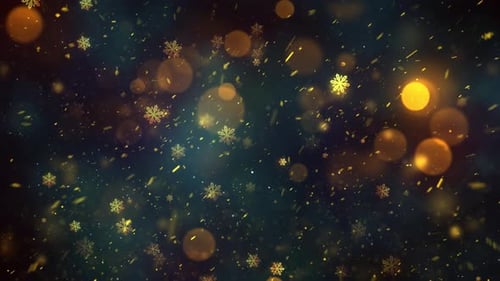 Golden Snowflakes Falling with Bokeh and Glitter Particles