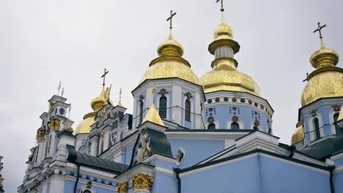 Ukraine Kyiv Summer August 2 2024 Sophia Kiev Bell Tower Golden Cupola with Painting of Saints