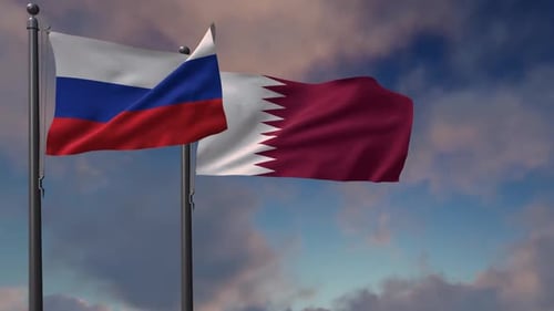 Waving National Flags of Russia and Qatar on Flagpoles