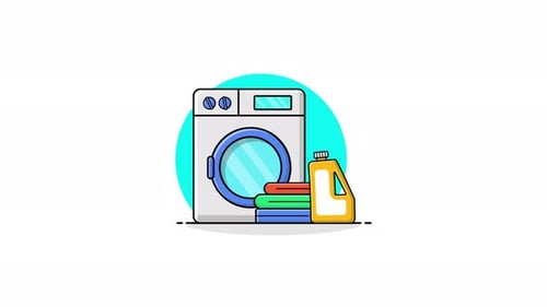 Animated Flat Design Laundry Washing Machine Illustration