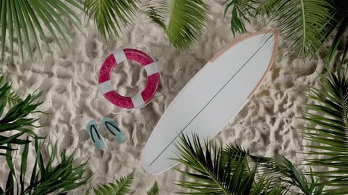 Loop Top View Animation of Tropical Beach with Surfboard Lifebuoy and FlipFlops