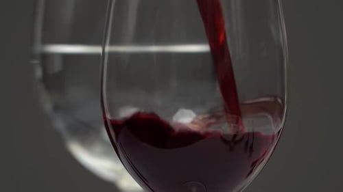 Close-up slow motion pouring red wine into a glass.