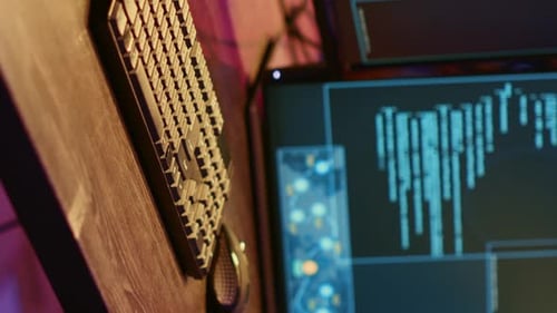 Computer Keyboard and Monitors Displaying Code