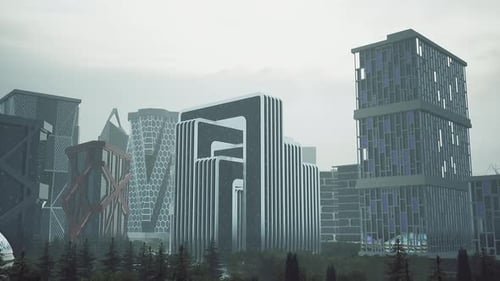 Grupo de edificios altos en una ciudad futurista
