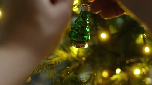 Christmas Tree Ornament on Branch with Twinkling Lights