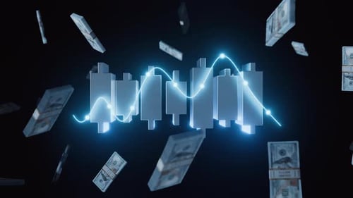 Futuristic Financial Graph with Floating Dollar Bills