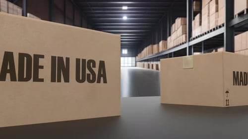 Boxes with MADE IN USA Text on Roller Conveyor American Goods Related Loopable 3D Animation