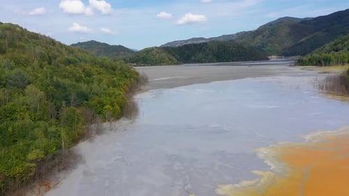 Industrial mining colorful residual waters background in decanting lake aerial view
