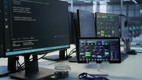 Modern Office Setup with Computer Monitors and Tablet