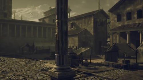 Ancient Stone Marketplace with Stalls on a Cobblestone Street