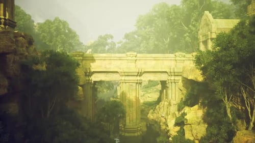 Arche archaïque s'étendant sur une gorge pleine de vie recouverte de vignes et de pierres