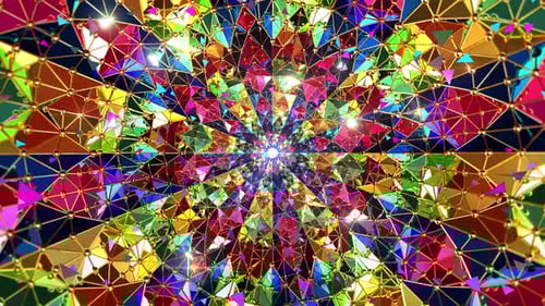 Vibrant Geometric Kaleidoscope Tunnel Background with Shimmering Triangles