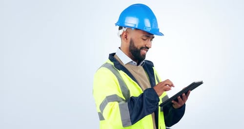 Construction worker, man and tablet for project management, design review