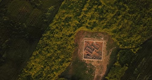 aerial view of archaeological sites landscape left to right camera move Birdseye view panoramic colo